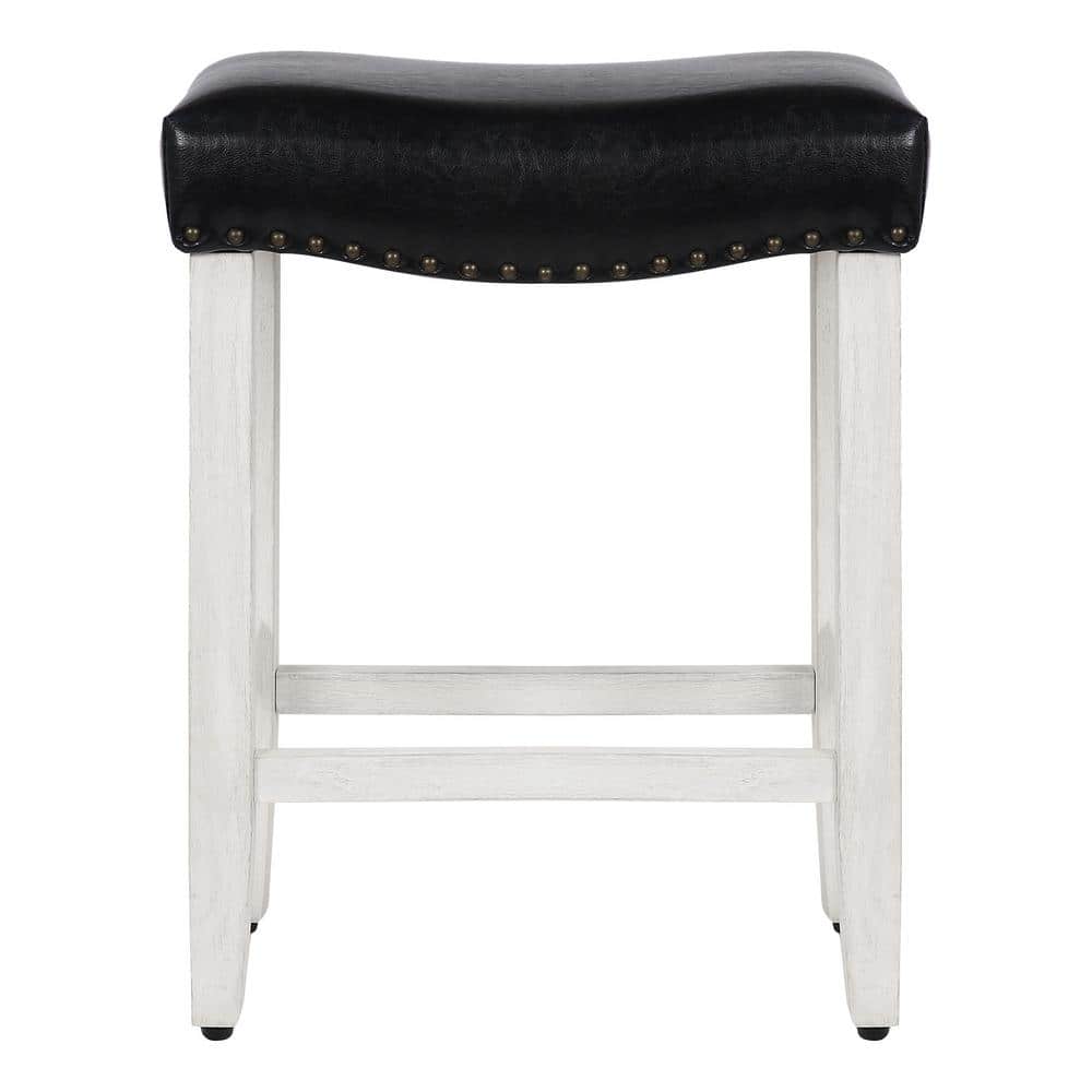 24" Black Leather & Wood Saddle Style Backless Barstool