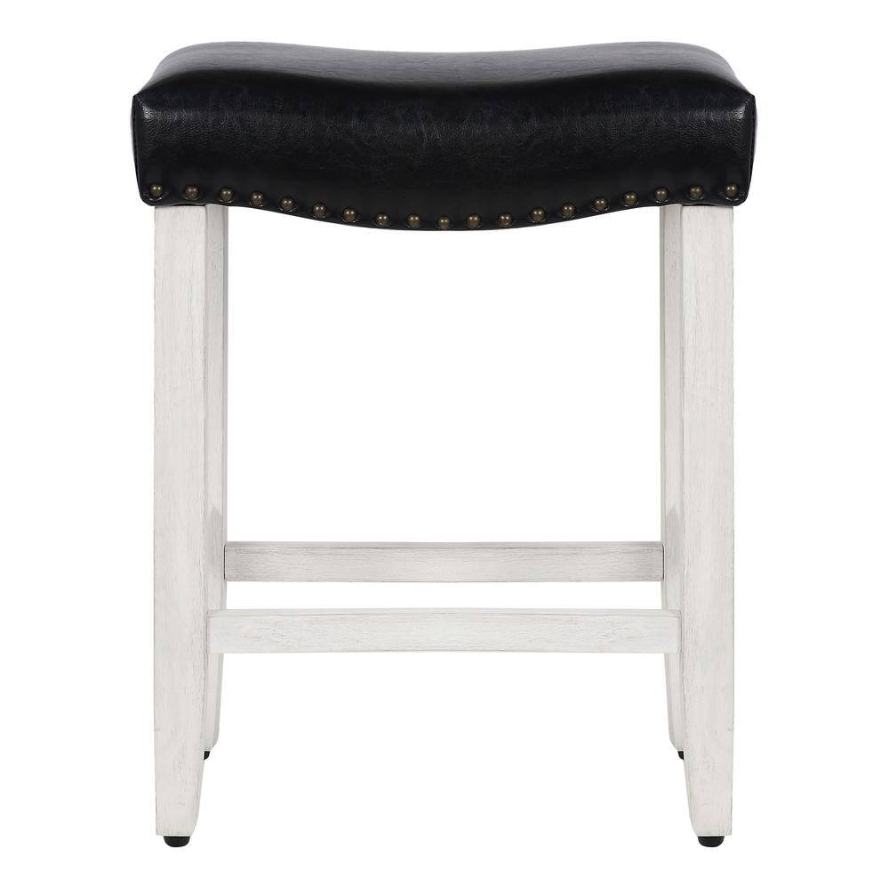 Antique White & Black Wood Leather 24" Saddle Bar Stool