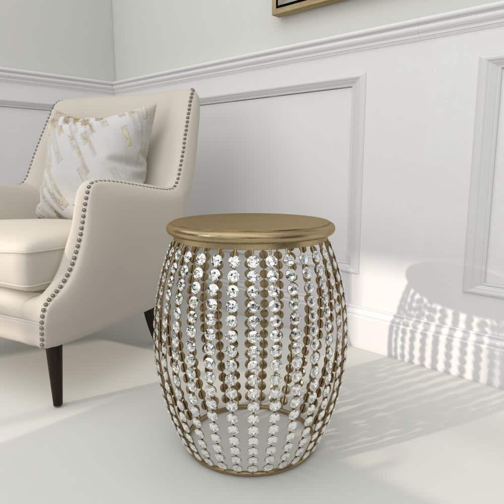 Elegant Gold 20" Round Wood & Metal Accent Table with Crystal Embellishments