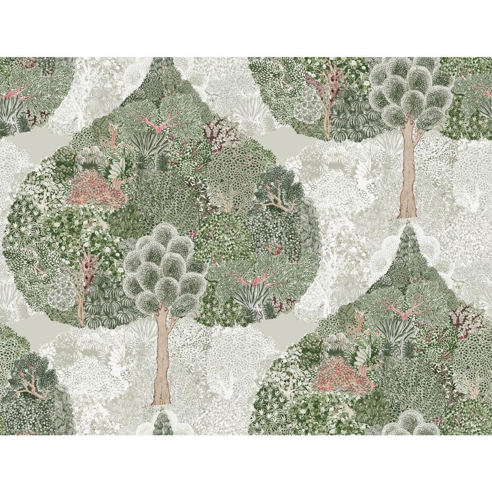 Mystic Forest Green and Coral Vinyl Wallpaper