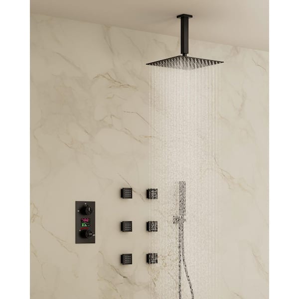 YAWWALK 3-Spray 12 in. Ceiling Mount Dual Fixed and Handheld Shower Head and LCD Display with Valve in Matte Black