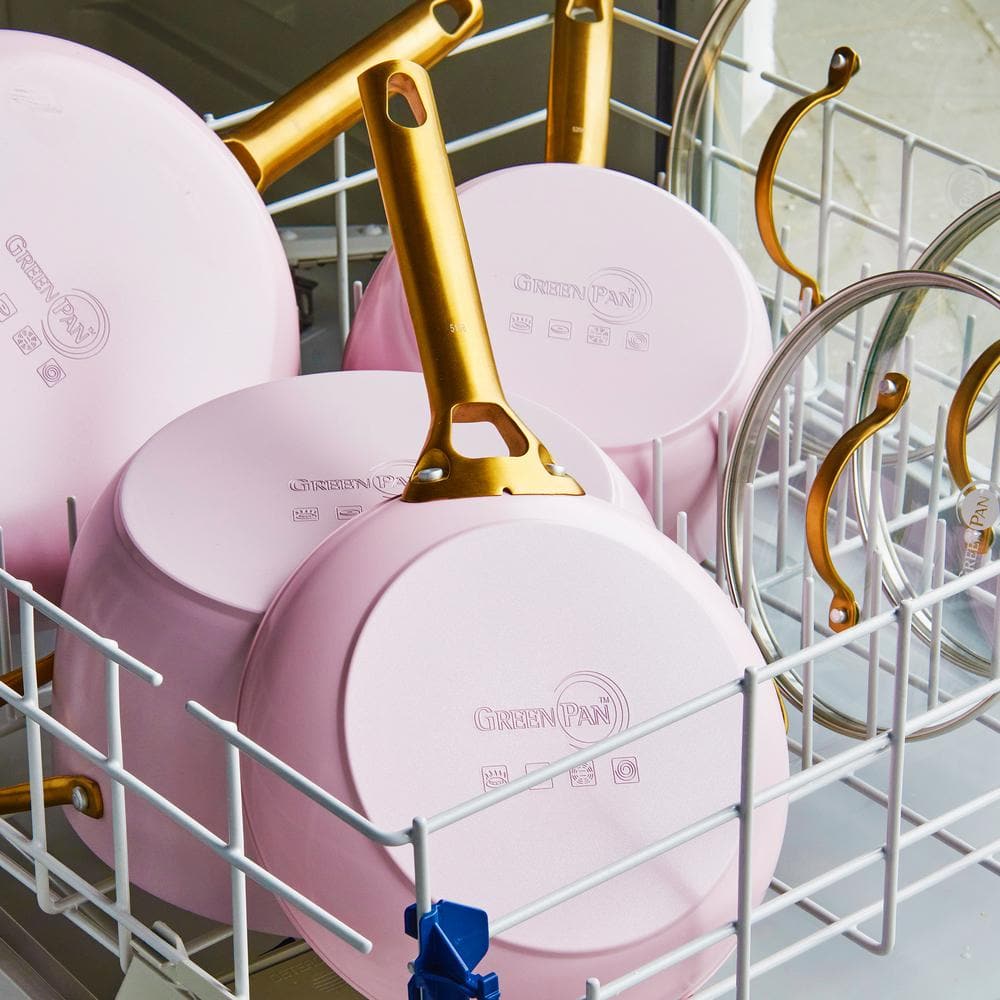 Blush Pink Ceramic Nonstick 10-Piece Cookware Set with Gold Handles