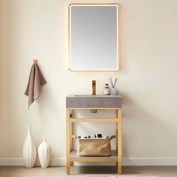 ROSWELL Funes 24 in. W x 22 in. D x 34 in. H Single Sink Bath Vanity in Brushed Gold with Grey Natural Stone Top and Mirror