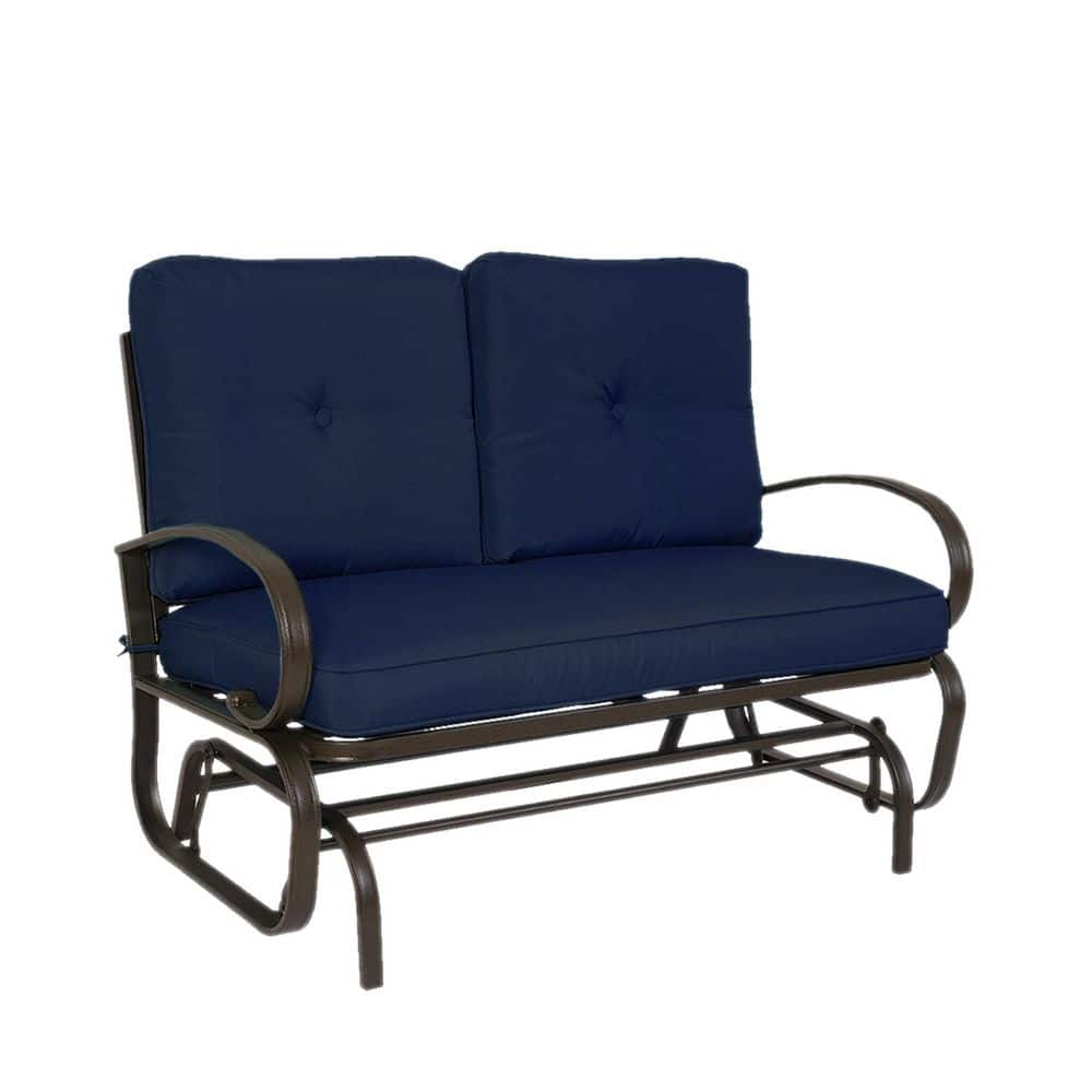 Wrought Iron Metal Rocking Love Seats Glider Swing Bench/Rocker for Patio, Yard with Navy Blue Cushion price history on PriceWatchPro