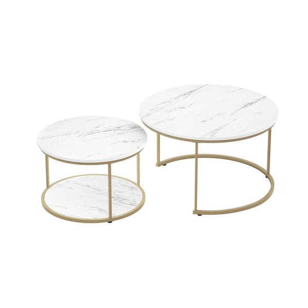 Angel Sar 31.5 in. White Marble Small Round Wood Coffee Table with 2 Piecees