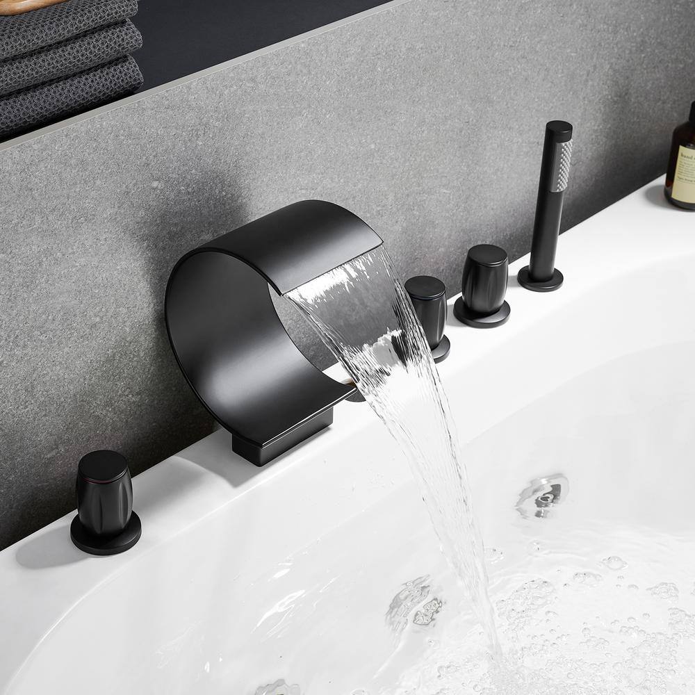 Matte Black Triple Handle Deck-Mount Roman Tub Faucet