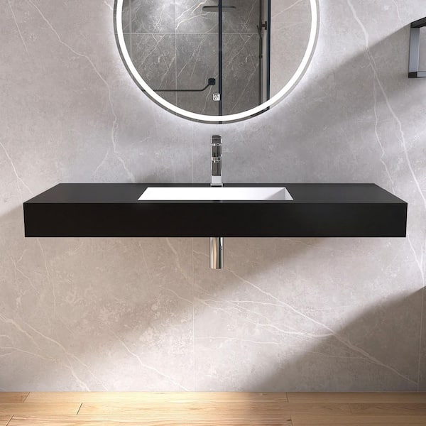 47 in. W x 19 in. D x 4 in. H Solid Surface Bathroom Wall-Mount Sink/ Vessel Sink in Black with Faucet Hole
