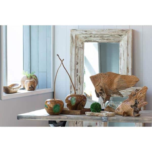 Brown Teak Wood Dragon Koi Sculpture with Black Pedestal