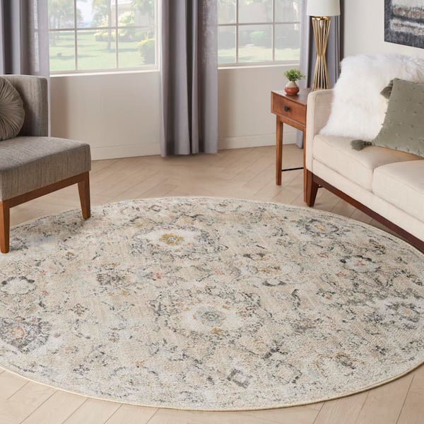 Oushak Home Grey 8 ft. x 8 ft. Floral Traditional Round Area Rug