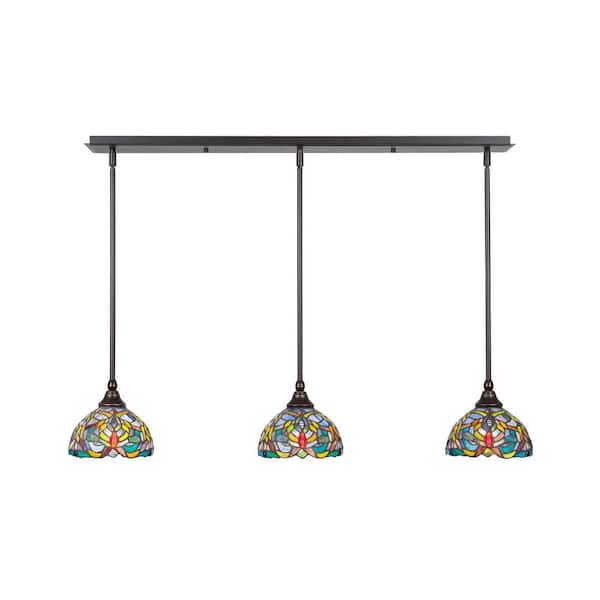 Unbranded Livingston 100-Watt 3 Light Dark Granite Linear Pendant Light with 7 in. Art Glass Glass Shades No Bulbs Included