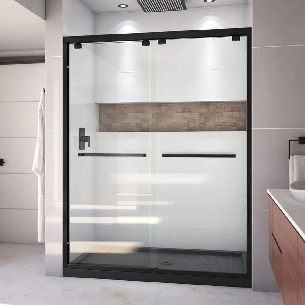 Encore 30 in. D x 60 in. W x 78.75 in. H Semi-Frameless Sliding Shower Door in Matte Black with Center Drain Black Base price history on PriceWatchPro
