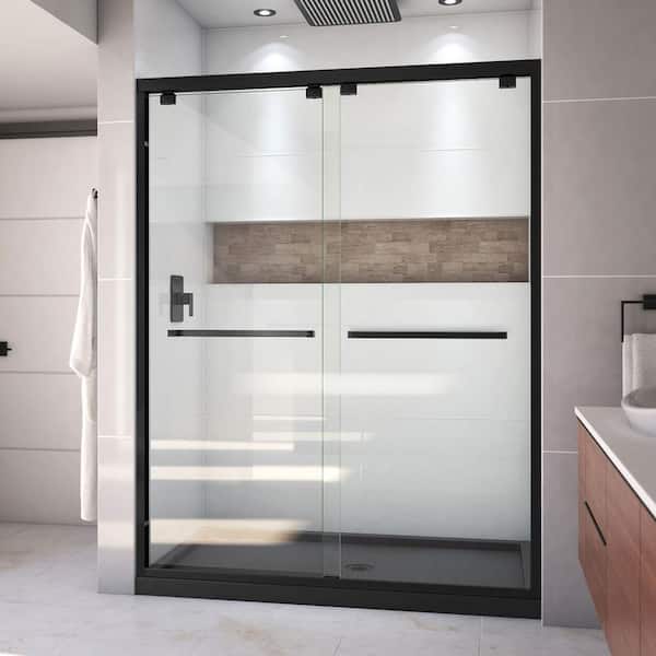 DreamLine Encore 30 in. D x 60 in. W x 78.75 in. H Semi-Frameless Sliding Shower Door in Matte Black with Center Drain Black Base