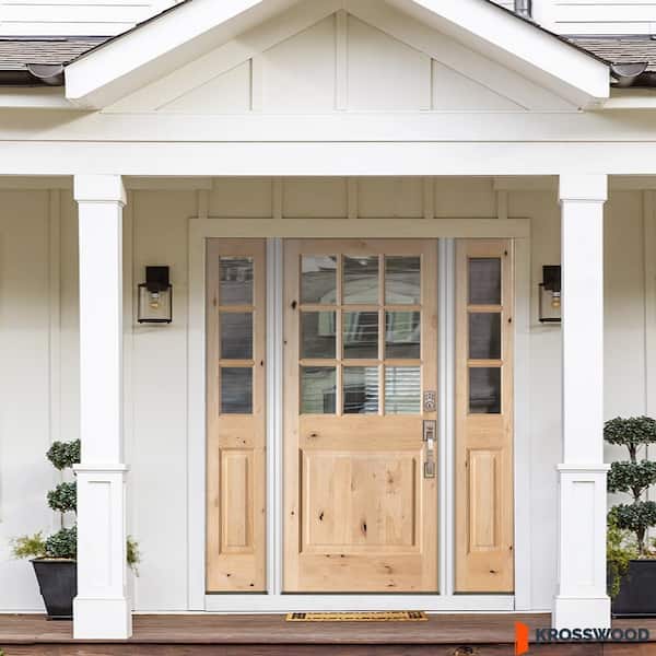 64 in. x 80 in. Craftsman Alder 9-Lite Clear Low-E Unfinished Wood Left-Hand Inswing Prehung Front Door/Sidelites