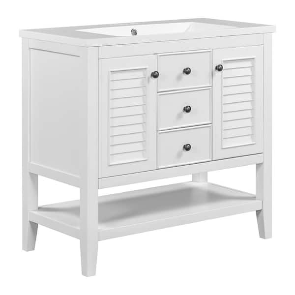 HwoamneT 18.03 in. W x 35.98 in. D x 34.38 in. H Freestanding Bath Vanity in White with Single White Ceramic Top