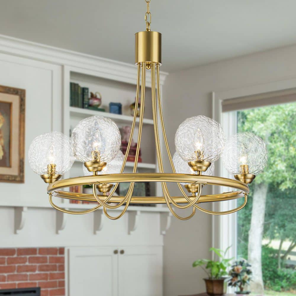 30 in. 6-Light Modern Round Brass Iron Ring Chandelier with Clear Textured Glass Globes price history on PriceWatchPro