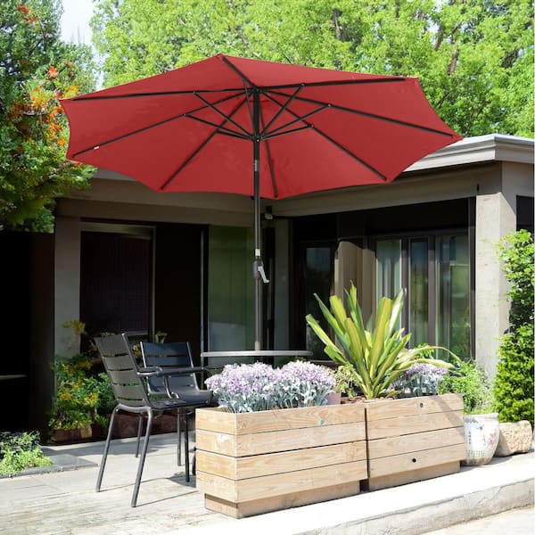 9 ft. Aluminum Market Patio Umbrella with Auto Tilt, Hand Crank Lift in Red