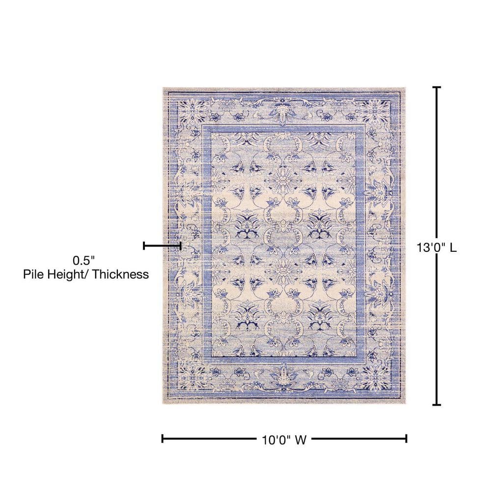 10' x 13' Blue and Ivory Floral Reversible Area Rug