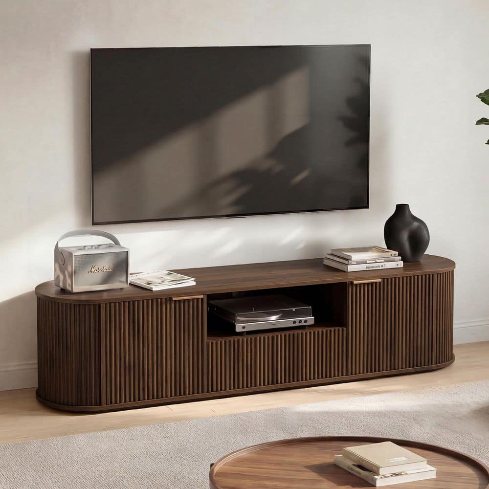 Livo Walnut 70 in. Boho TV Stand for TVs Up to 75 in. Fluted Wood Media Console w/ Storage Cabinet and Soft-Close Doors