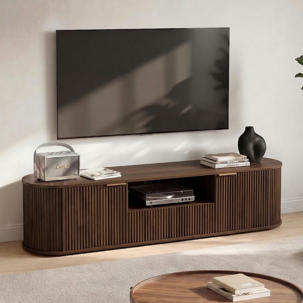 Livo Walnut 70 in. Boho TV Stand for TVs Up to 75 in. Fluted Wood Media Console w/ Storage Cabinet and Soft-Close Doors