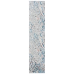 Tulum Ivory/Blue 2 ft. x 7 ft. Abstract Rustic Distressed Runner Rug