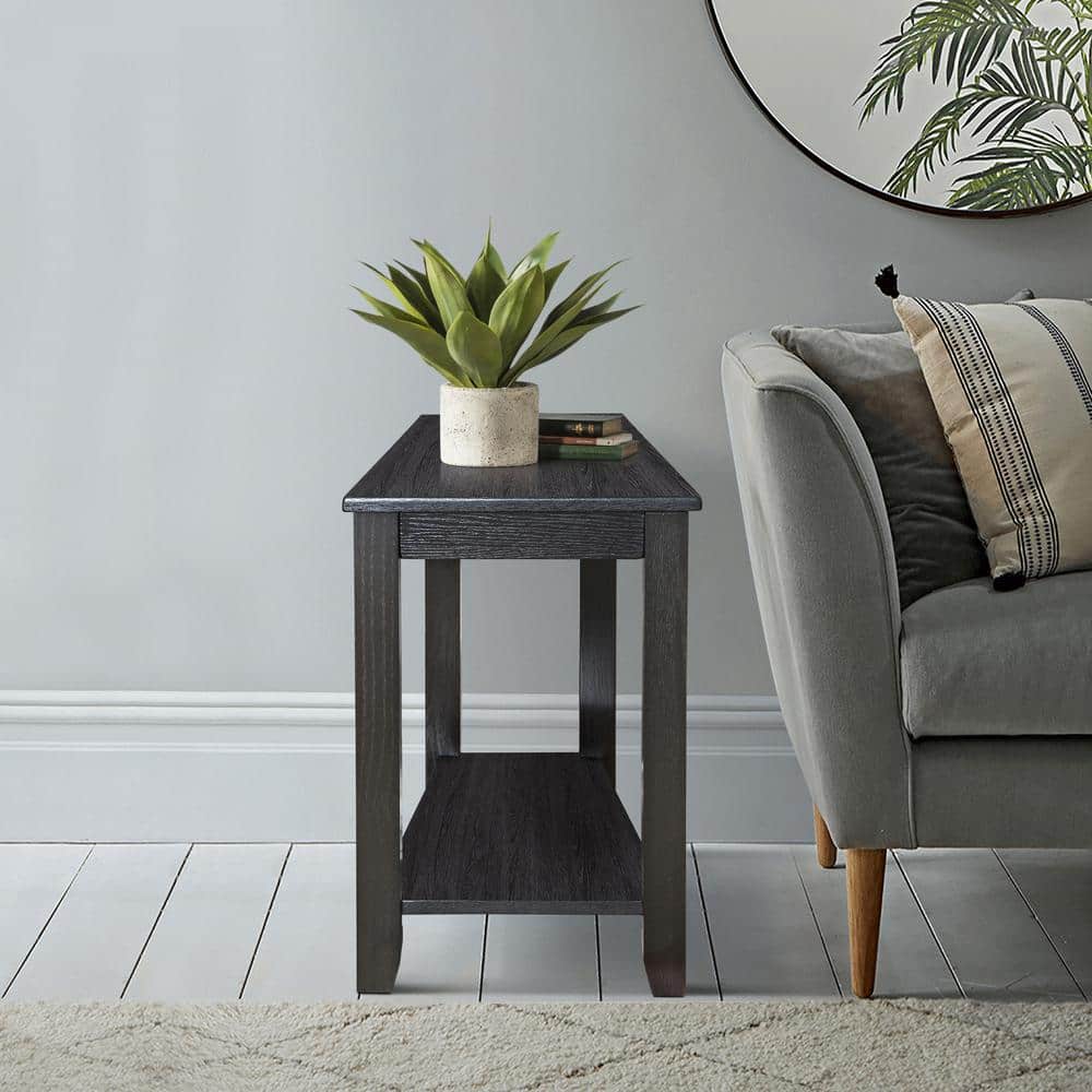 Black Triangular Wood Chairside Table with Shelf