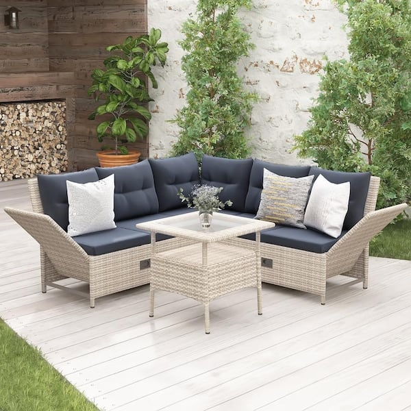 Zeus & Ruta 4-Piece Beige Wicker Outdoor Sofa Sectional Set with Gray Cushions Adjustable Backs for Backyard, Poolside