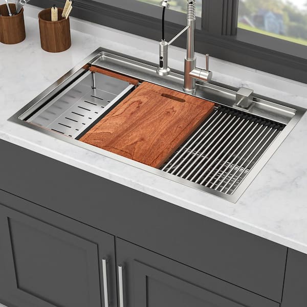 33 in. Drop-In Single Bowl 16 Gauge Brushed Nickel Stainless Steel Kitchen Sink with Workstation