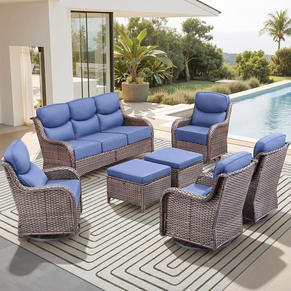Holion Brown 7-Piece Wicker Swivel Rocker Patio Conversation Set with 6 in. Thick Blue Cushions for Outside