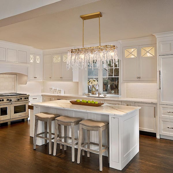 Modern 5-Lights Gold Rectangular Linear Chandelier with Crystal Glass Shade for Kitchen Island