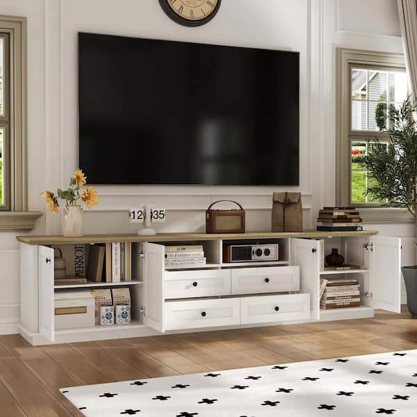 White Finish Wood TV Stand Entertainment Center Fits TV's up to 95 in., 4 Drawers, 6 Fixed Shelves and 2 Open Cubbies