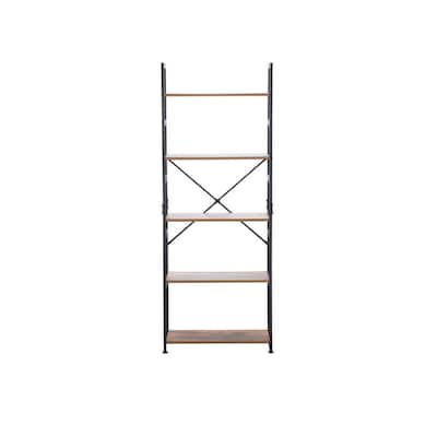 Rustic 62 in. H Black Wood 5 Shelf Standard Bookcase Ladder BookShelf with-Open Storage