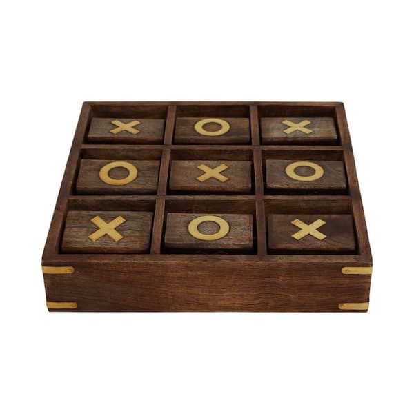 Brown 10 in. x 10 in. Wood Revolving Tic Tac Toe Game Set with Grid Design