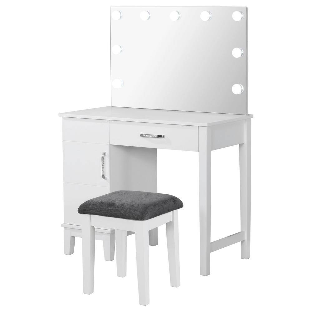 White and Dark Gray Vanity Set with LED Lights and Bench