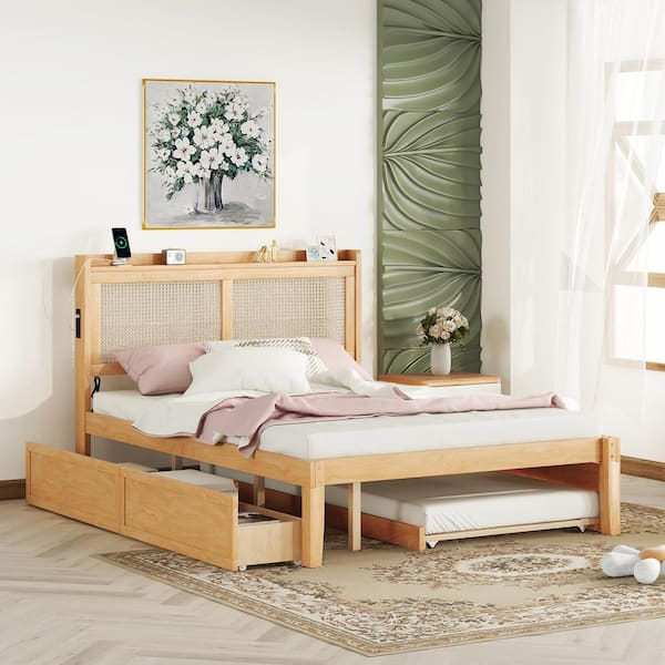 Nestfair Natural Color Wood Frame Queen Size Platform Bed with Rattan Headboard and Sockets