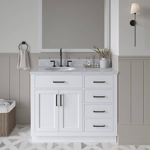 ARIEL Hepburn 43 in. W x 22 in. D x 35.25 in. H Bath Vanity in White with Carrara Marble Vanity Top in White with White Basin