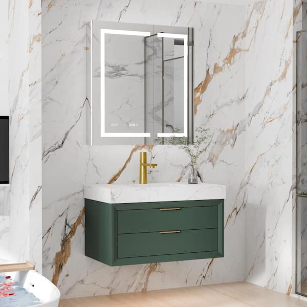 Wenlorin 36 in. Single Sink Floating Green Bath Vanity with White Engineered Marble Top Pre-assembled