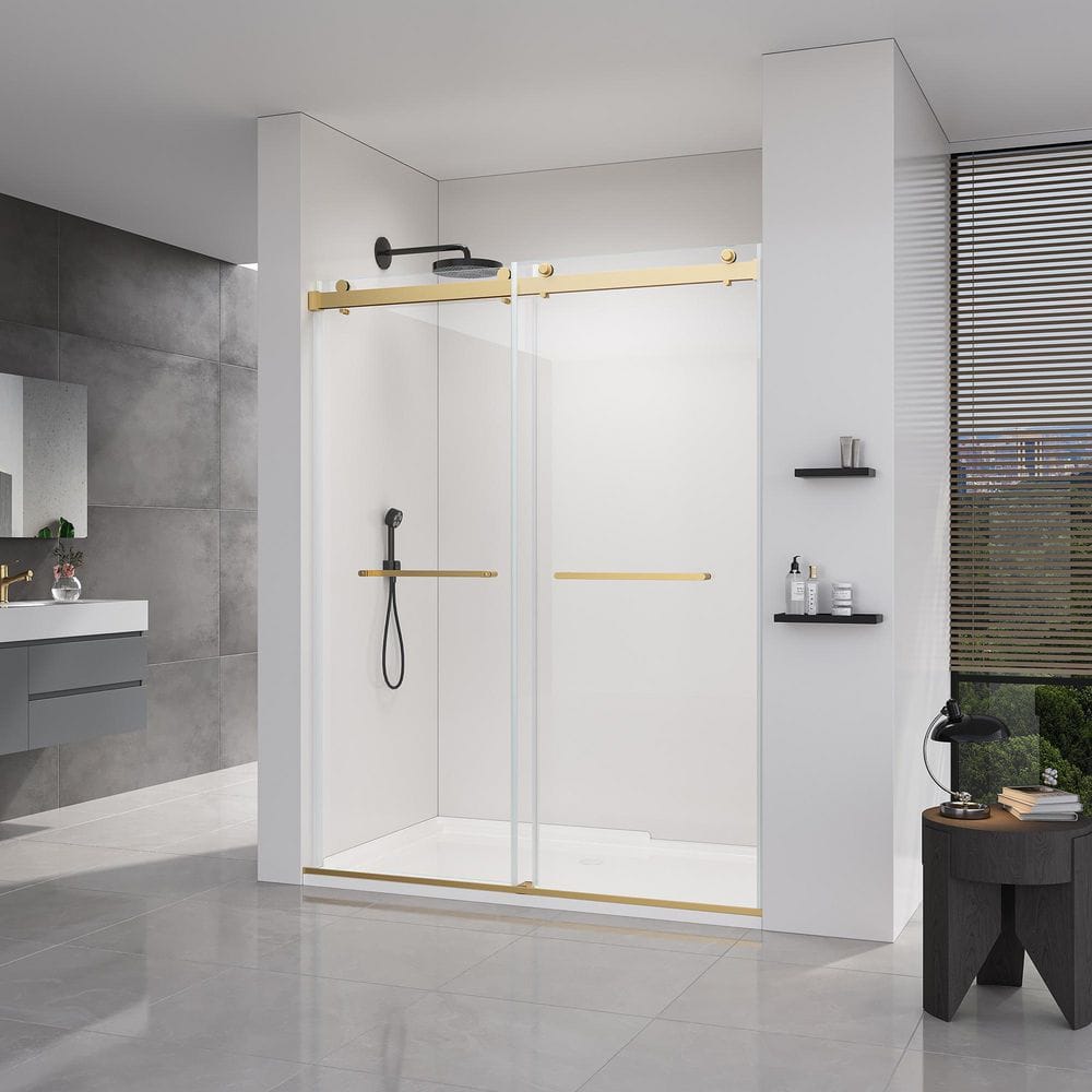 60 in. W x 76 in. H Double Sliding Frameless Shower Door in Brushed Gold with Clear Tampered Glass price history on PriceWatchPro