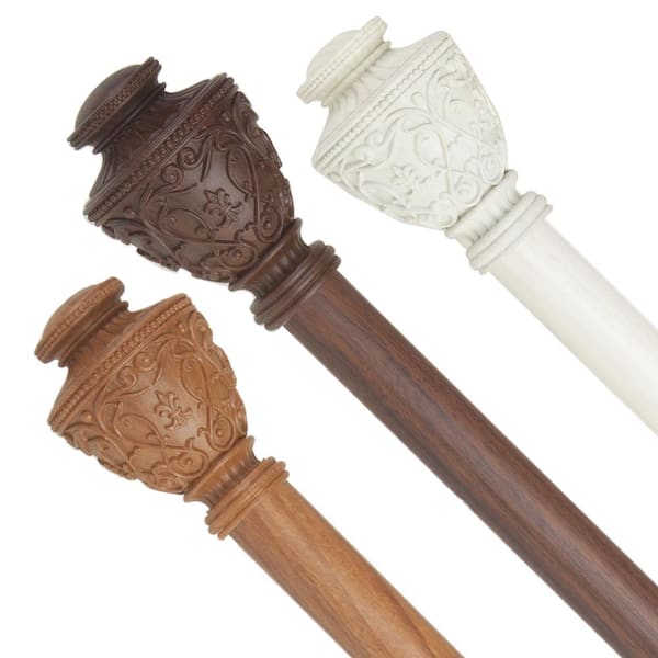 Rod Desyne 1 inch Adjustable Single Faux Wood Curtain Rod 120-170 inch in Pearl White with Veda Finials