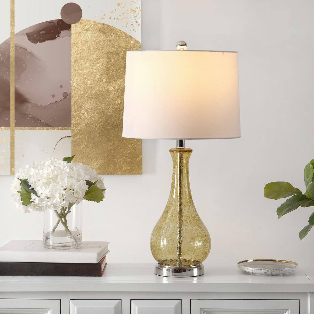 Amber Crackle Glass Table Lamp with White Cotton Shade
