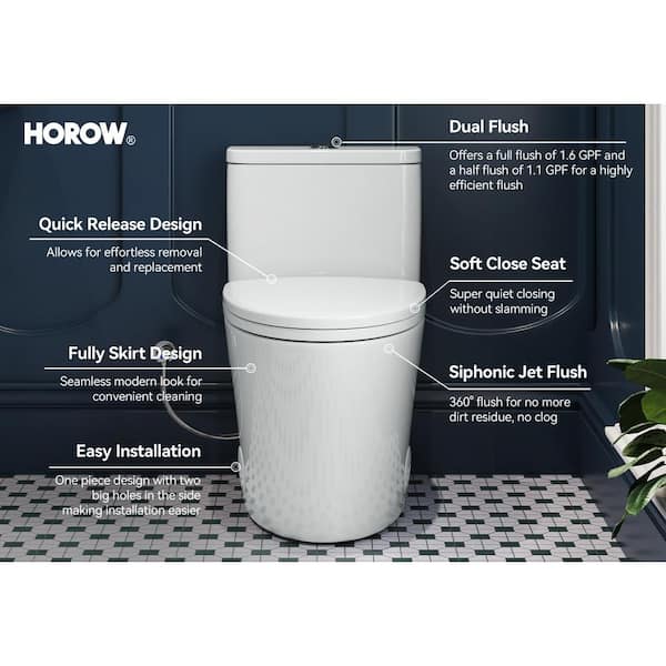 12 in. Rough-In 1-piece 1.1/ 1.6 GPF Dual Flush Elongated Siphonic Jet Toilet in White, Seat Included 12 in. Rough-In 1-piece 1.1/ 1.6 GPF Dual Flush Elongated Siphonic Jet Toilet in White, Seat Included