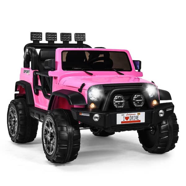 Costway 12V 12.5 in. Kids Electric Ride On Truck 2 Seater Battery Powered Car w/Remote Control, Music & Horn, LED Lights, Pink