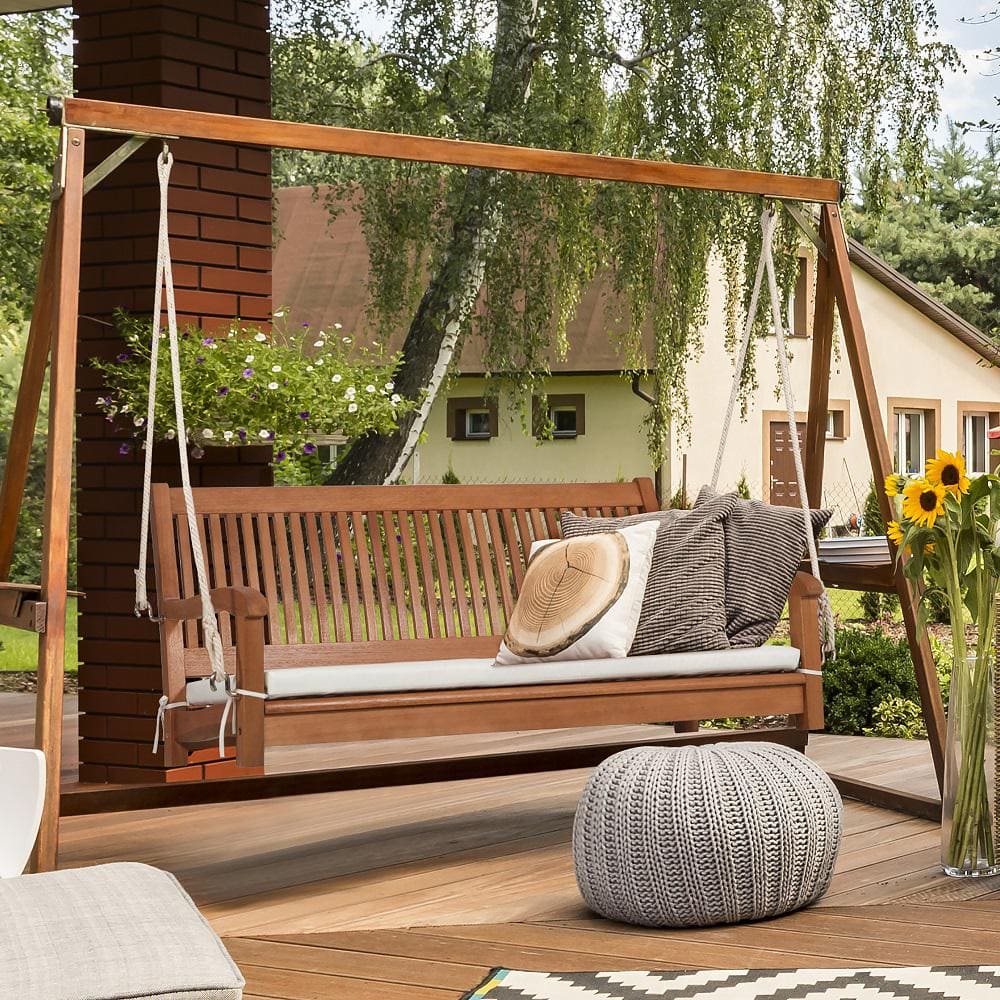 Costway Natural 2-Person Wood Hanging Porch Swing Bench with Cushion Curved Back GHMHSKU00463