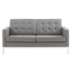 Loft 63 in. Gray Button Tufted Faux Leather 2-Seater Loveseat with Square Arms
