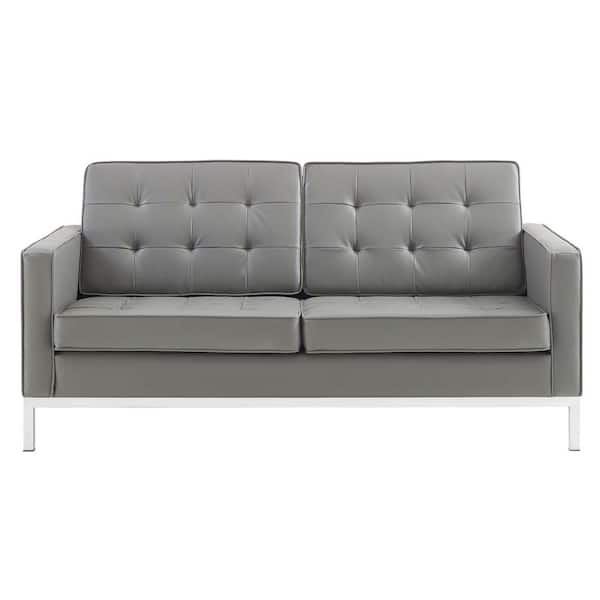 MODWAY Loft 63 in. Gray Button Tufted Faux Leather 2-Seater Loveseat with Square Arms