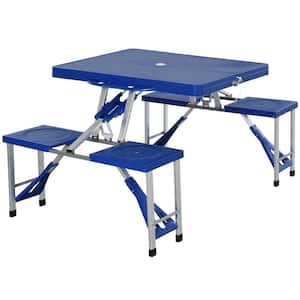 Blue Folding Rectangle Aluminum Picnic Table 53.25 in. Portable Outdoor Camping Table with 4-Seat and Umbrella Hole