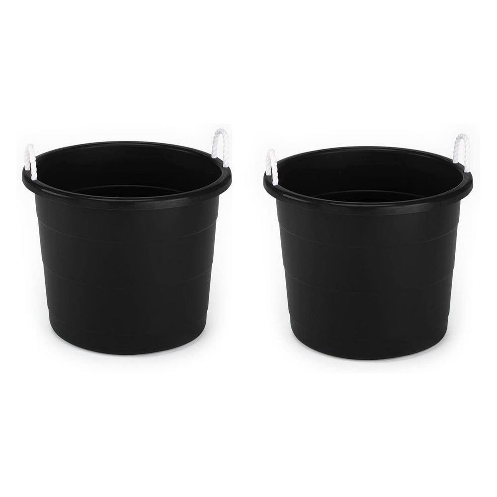 HOMZ Plastic 17 Gal. Utility Storage Bucket Tub with Rope Handle, Black, 2 Pack 0417BKDC.02