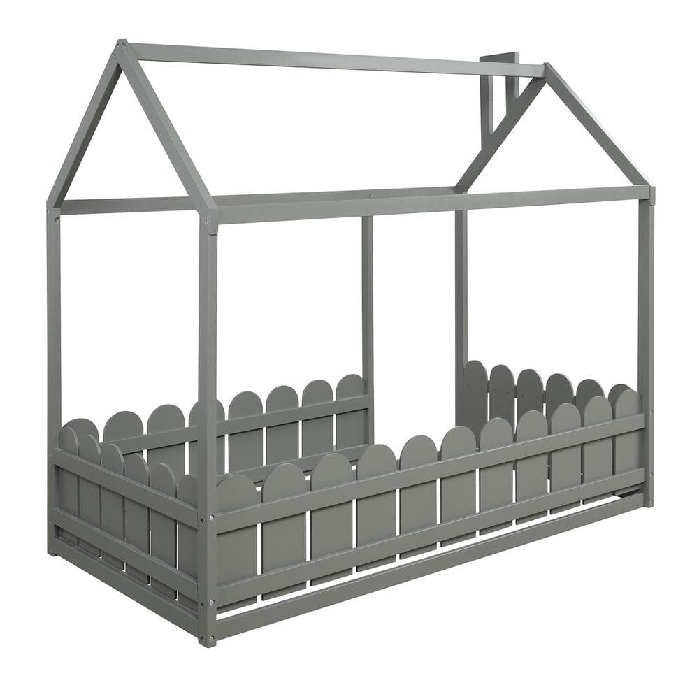 78 in. W Gray Twin Size Wood Frame Bed with Fence for Kids, Teens, Girls, B