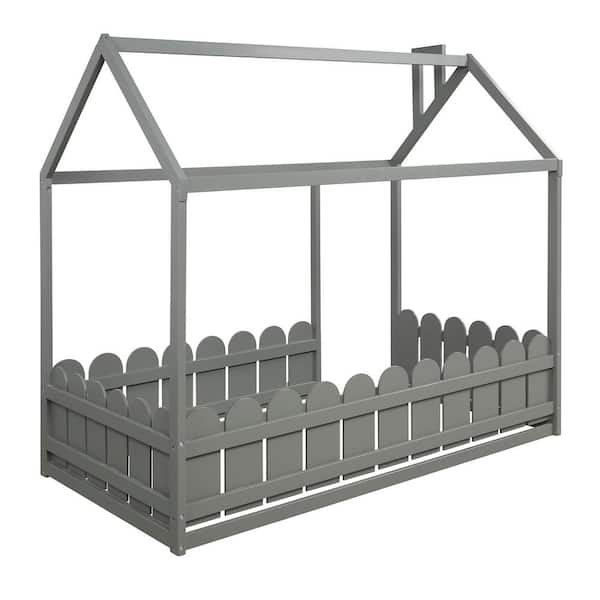 Aoibox 78 in. W Gray Twin Size Wood Frame Bed with Fence for Kids, Teens, Girls, Boys