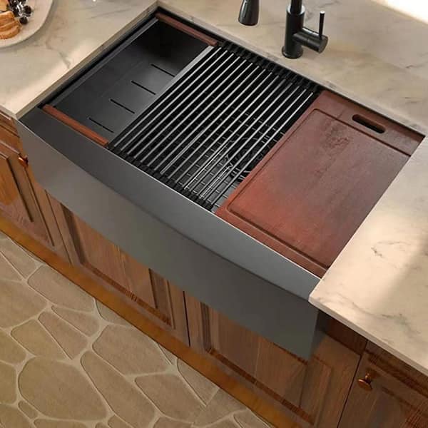 30 in. Farmhouse Single Bowl 16 Gauge Gunmetal Black Stainless Steel Kitchen Sink with Workstation