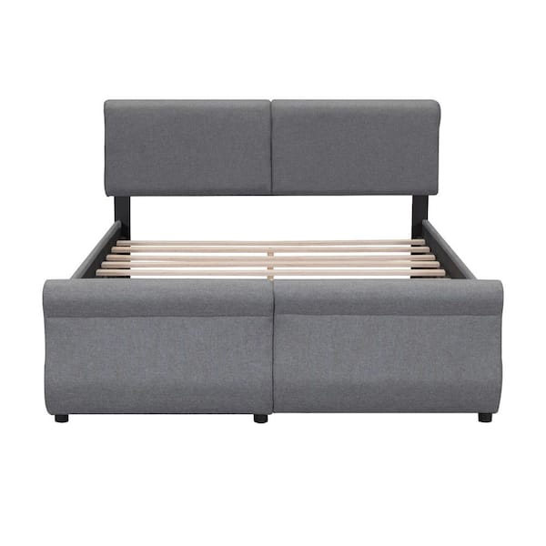 Angel Sar Gray Wood Frame Queen Size Upholstery Platform Bed with Two Storage Drawers, Curved Headboard and Footoard